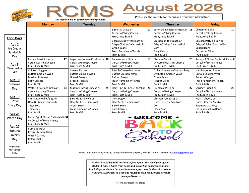 RCMS Aug 2026 Menu