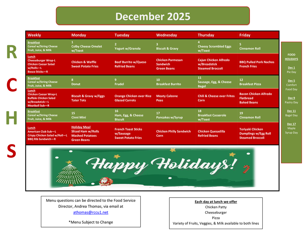 RCHS Dec 2025 Menu