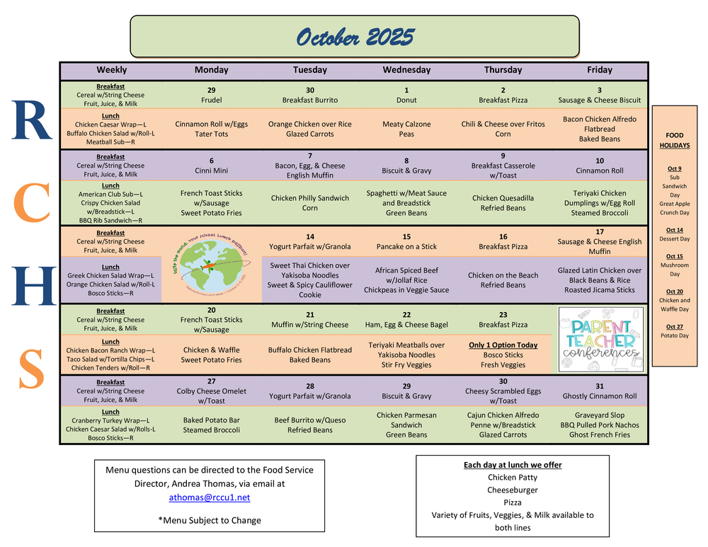 RCHS Oct 2025 Menu