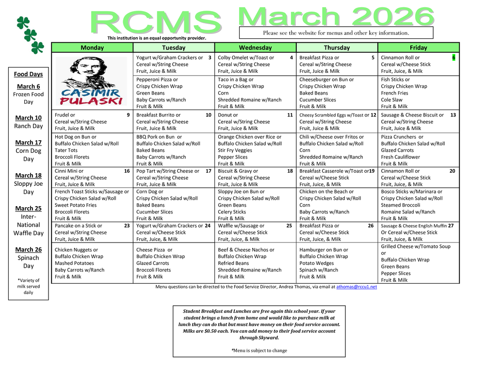 RCMS March 2026 Menu