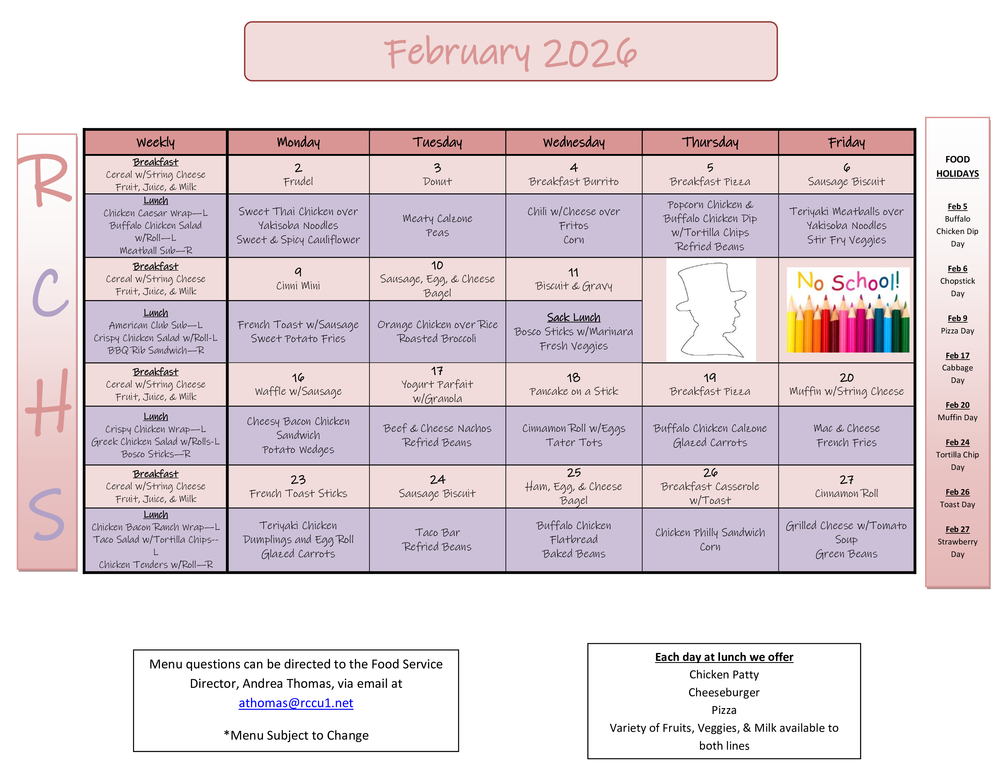 RCHS Feb 2026 Menu