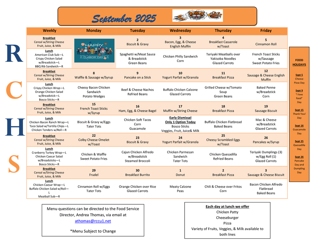 RCHS Sept 2025 Menu