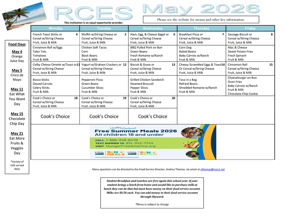RCES May 2026 Menu