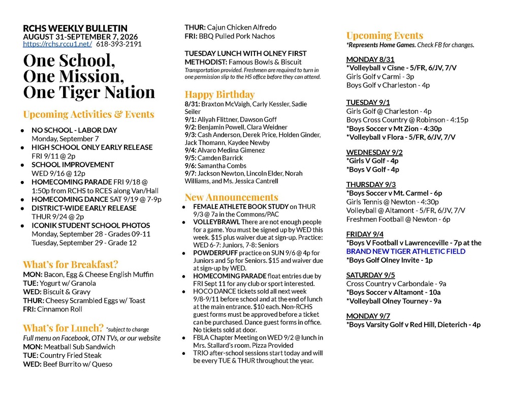RCHS Weekly Bulletin 8/31-9/7