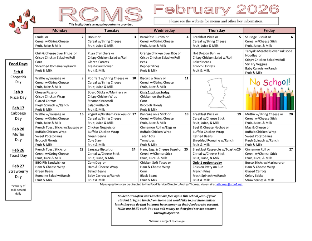 RCMS Feb 2026 Menu