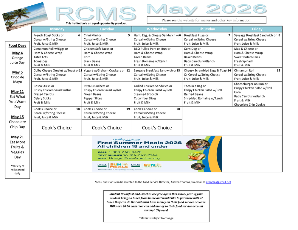 RCMS May 2026 Menu