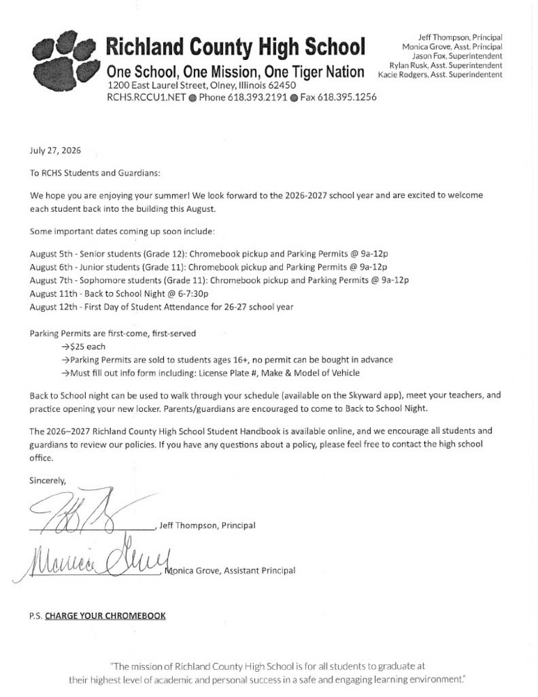 Sr-Soph Welcome Back Letter