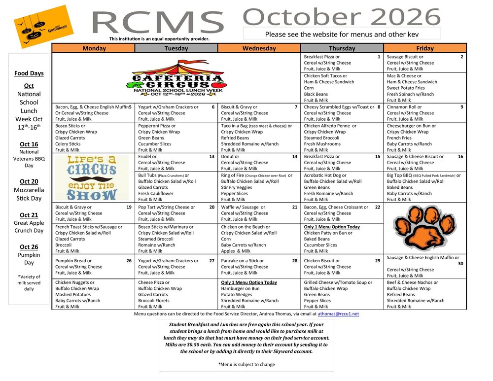RCMS Oct 26 Menu