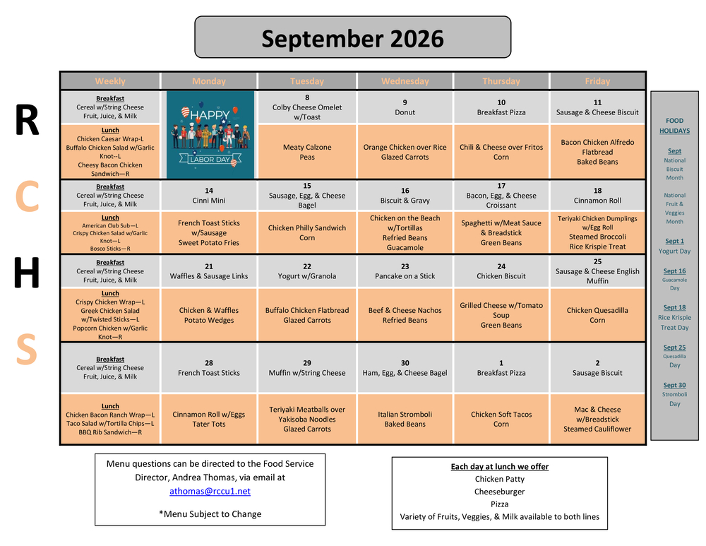 RCHS Sept 2026 Menu