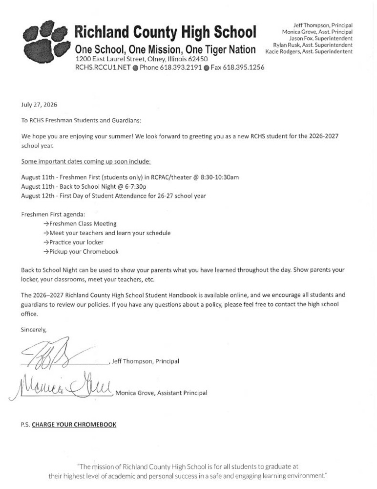 Freshmen Welcome Back Letter