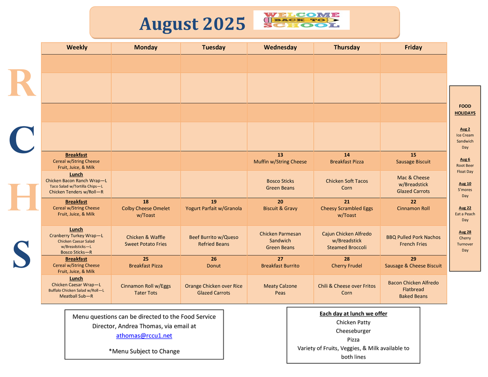 RCHS Aug 2025 Menu