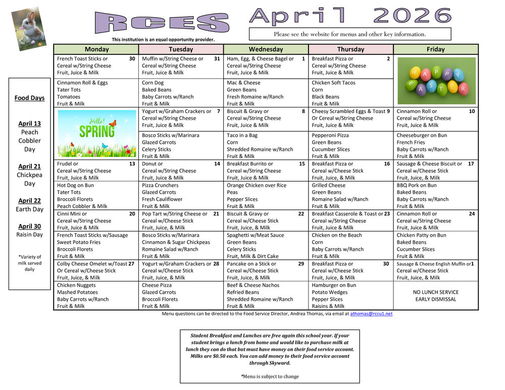 RCES April 2026 Menu
