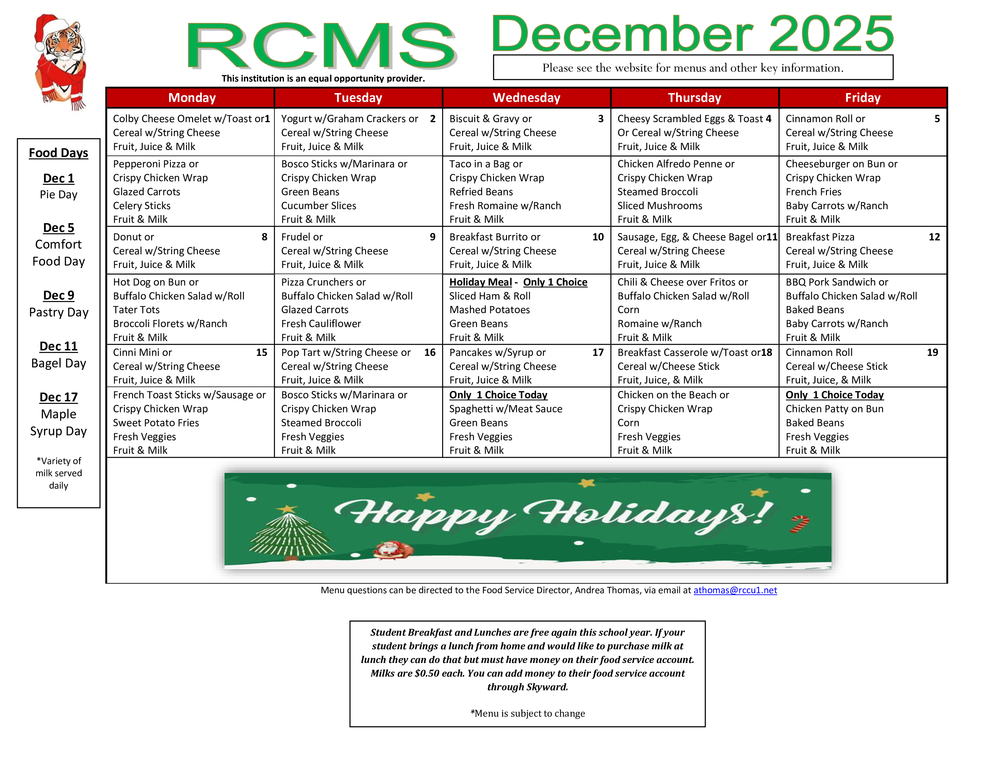 RCMS Dec 2025 Menu