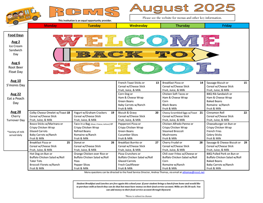 RCMS Aug 2025 Menu