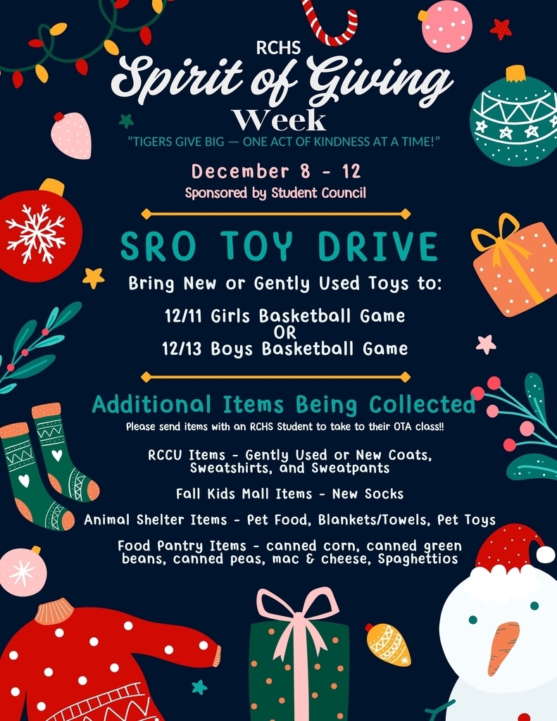 Spirit of Giving Week: SRO Toy Drive. Additional Items being collected: RCCU Items, Fall Kids Mall, Animal Shelter and Food Pantry