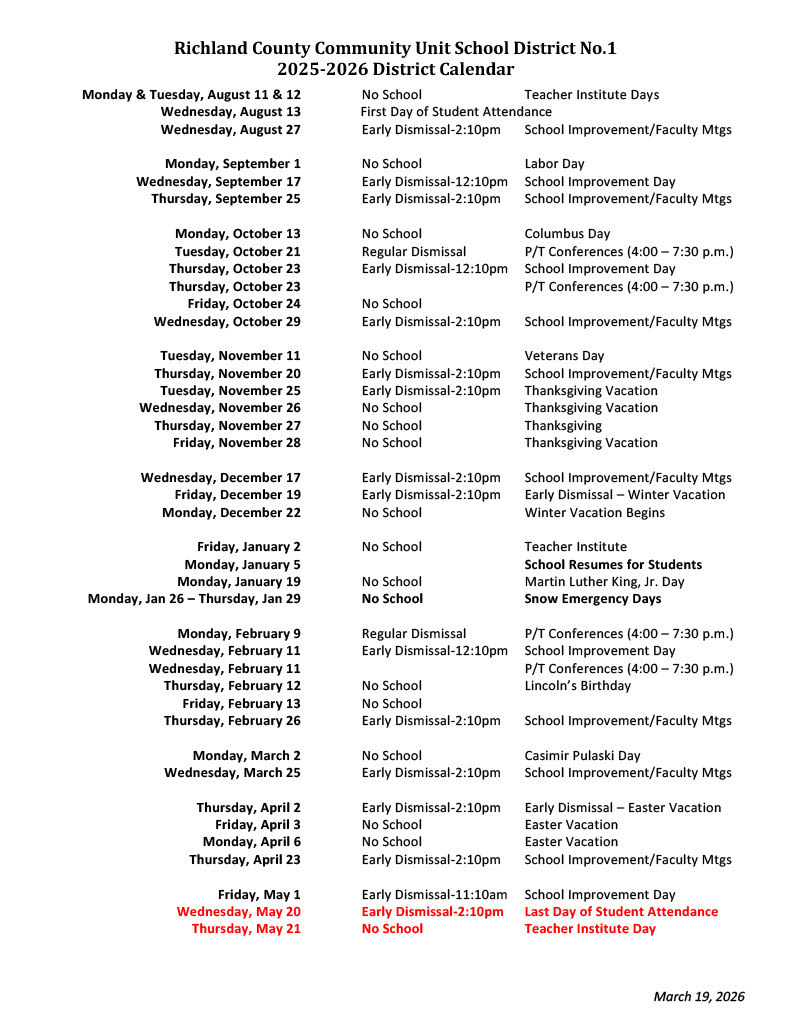 2025-2026 District Calendar (updated 3-19-26)