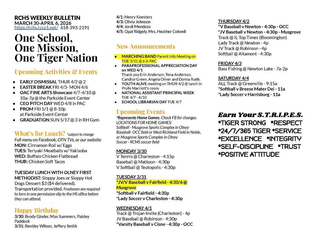 RCHS Weekly Bulletin update