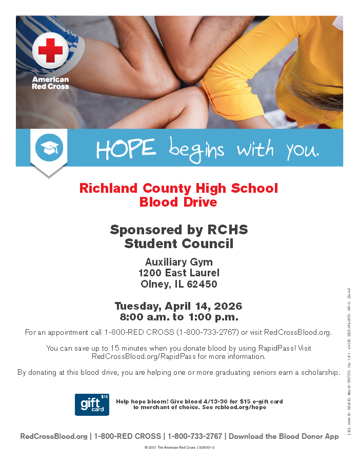 Blood Drive April 14th 8 to 1 in Aux Gym