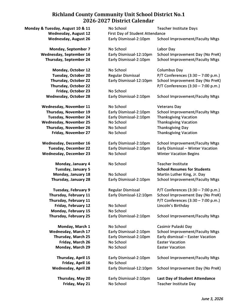 2026-2027  District Calendar