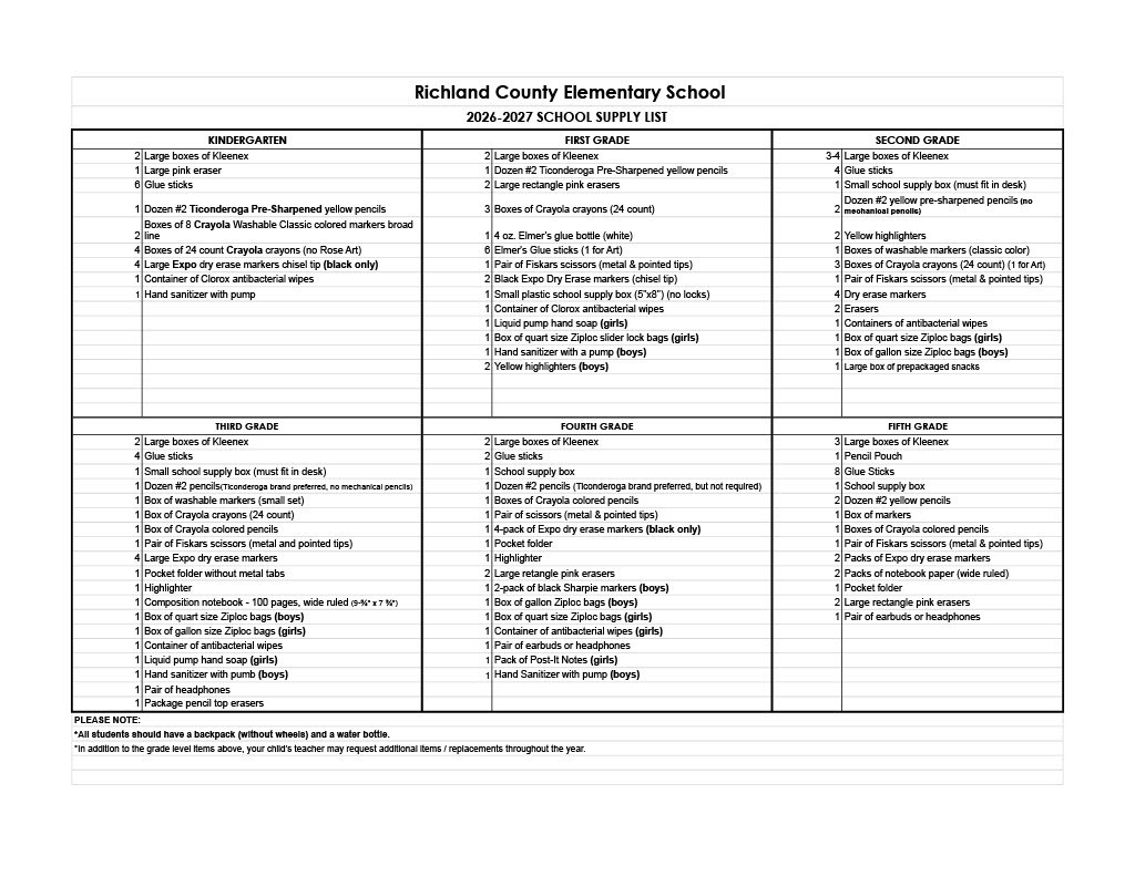 2026/2027 School Supply List 