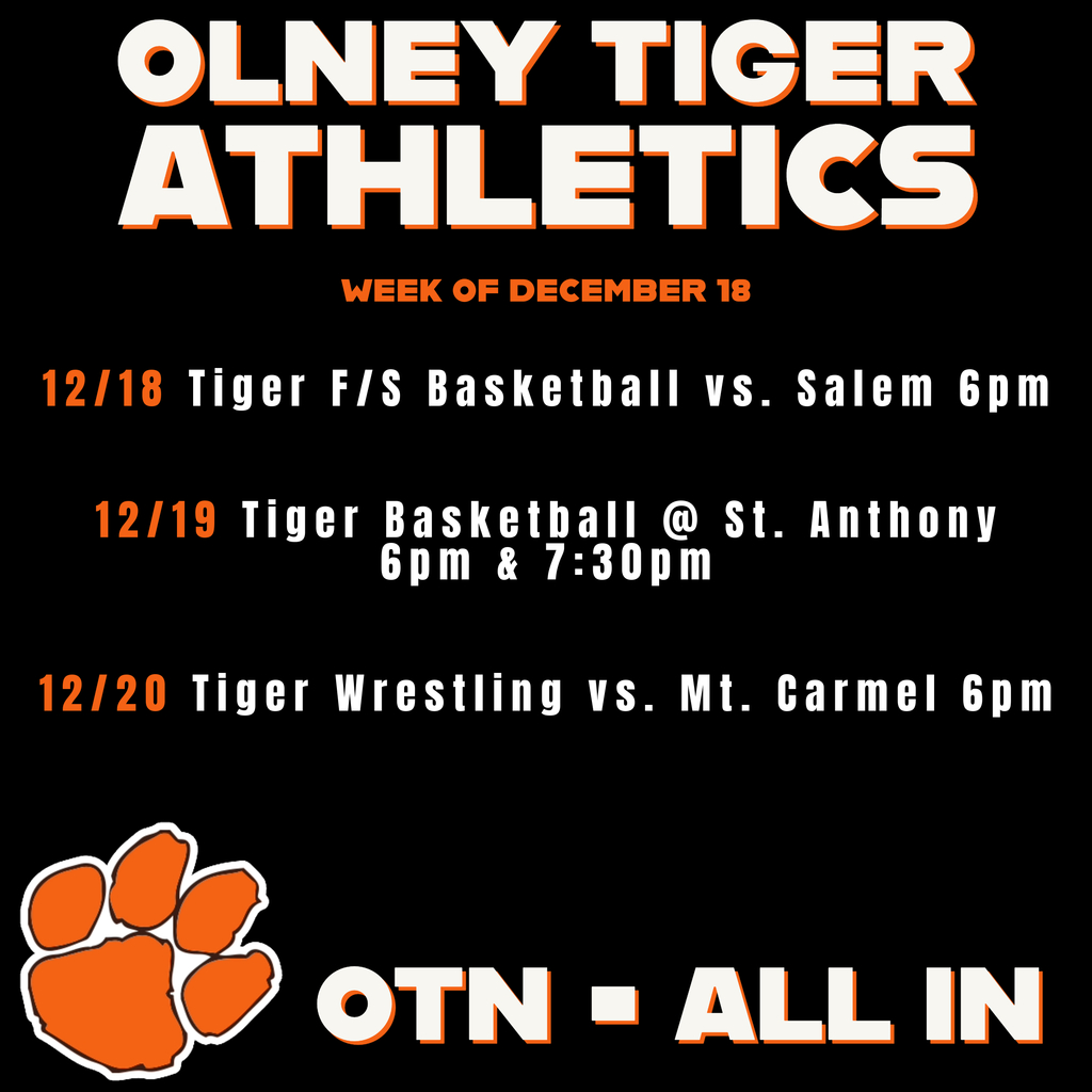 Tiger Basketball and Tiger Wrestling will still offer fans a few matchups to catch before winter break begins. On Monday, Tiger F/S Basketball will host Salem at 6pm in Ron Herrin Gymnasium. Tuesday, Tiger Basketball hits the road to St. Anthony. Tiger JV starts at 6pm while Tiger Varsity hits the court at 7:30pm. And on Wednesday, Tiger Wrestling will take to the mats against Mt. Carmel in RHG at 6pm. Come on out and show these students some support as they head into break!