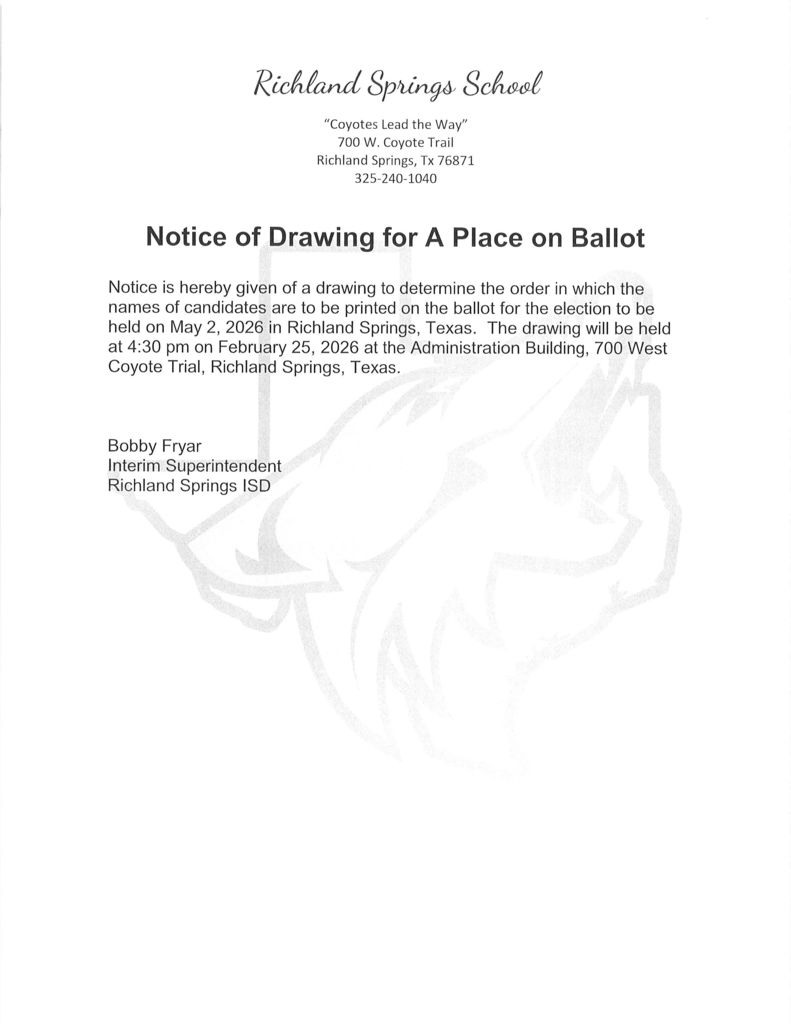 Notice of Drawing for A Place on Ballot