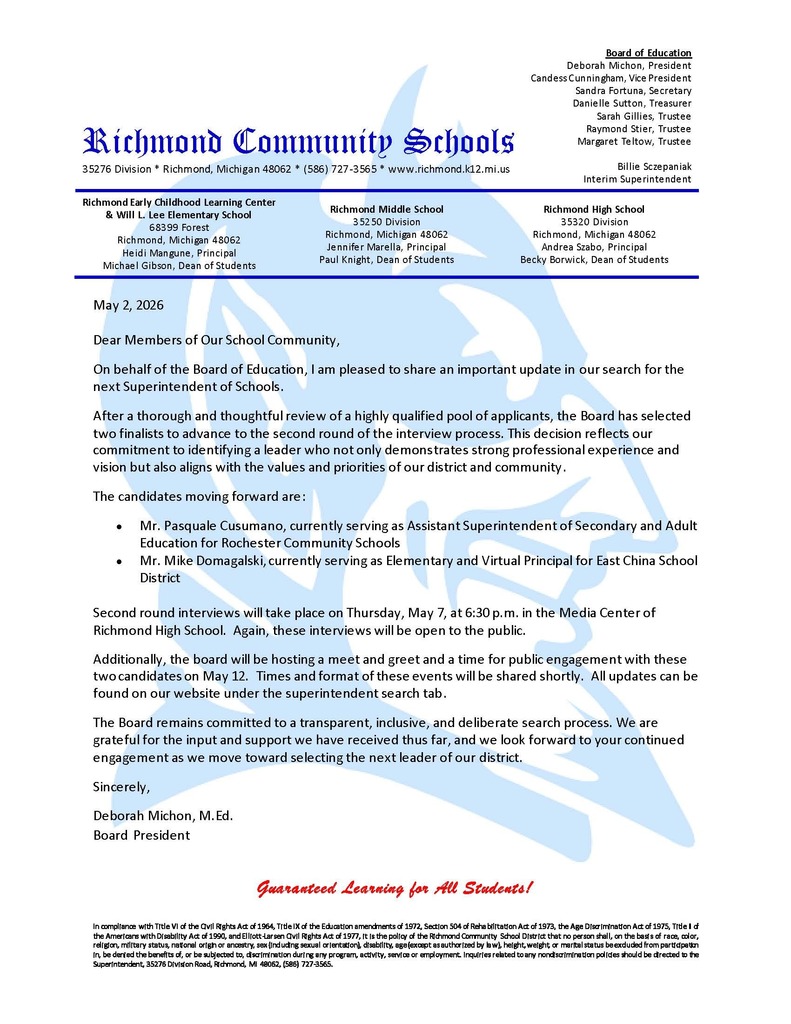 Finalist Letter to Staff, Parents and Community