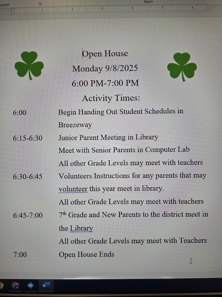 Riddle Jr./Sr. High School's Open House Schedule