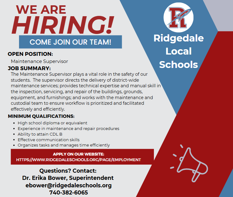Job Posting: Maintenance Supervisor | Ridgedale Local School District