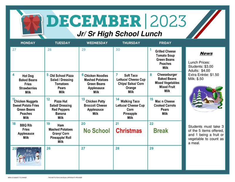 December Lunch Menus Ridgedale Local School District