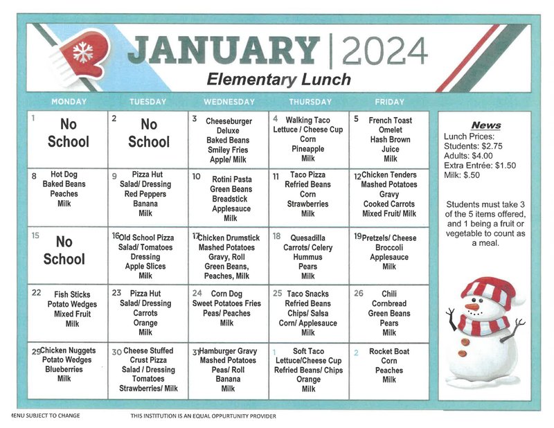 January Lunch Menus Ridgedale Local School District