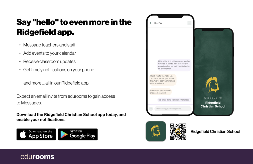 Photo with info and QR code for the new Ridgefield Christian School app