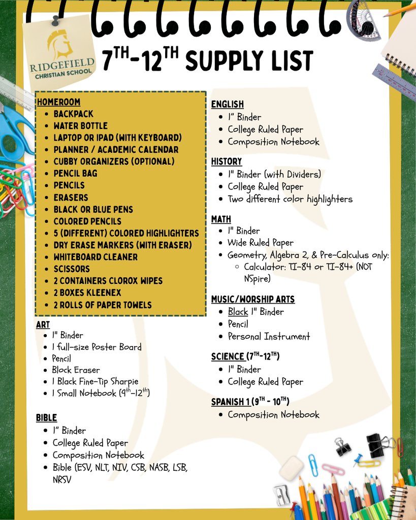 7-12 School Supply List
