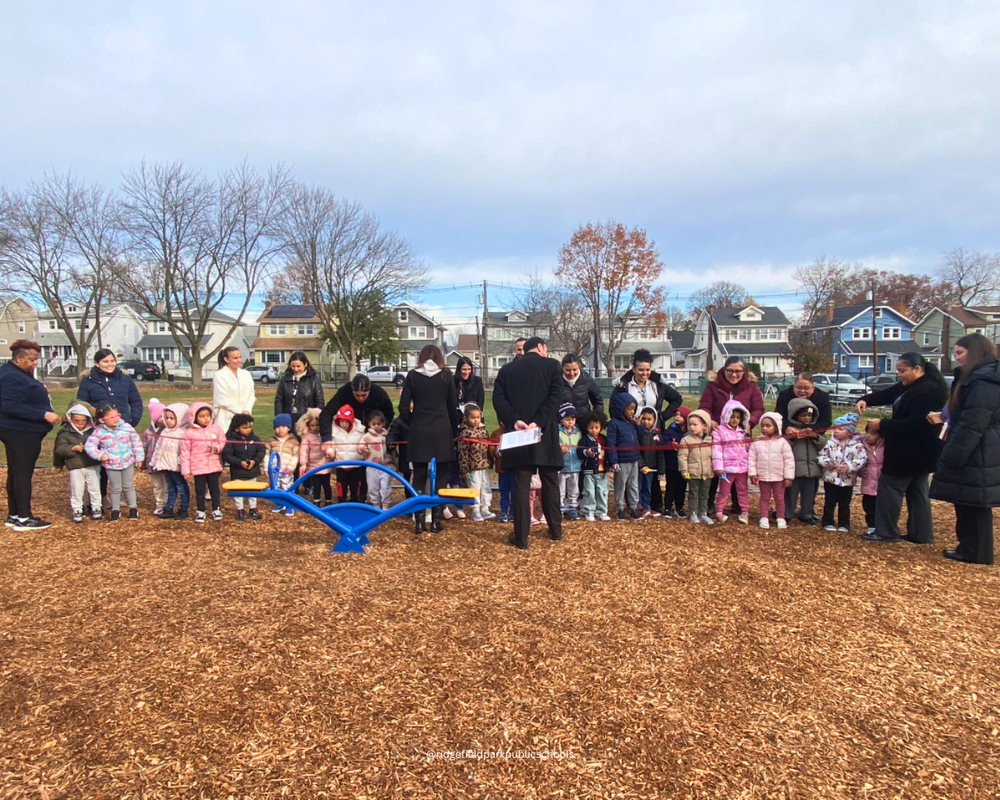 photos of children about to cut ribbon in playground
