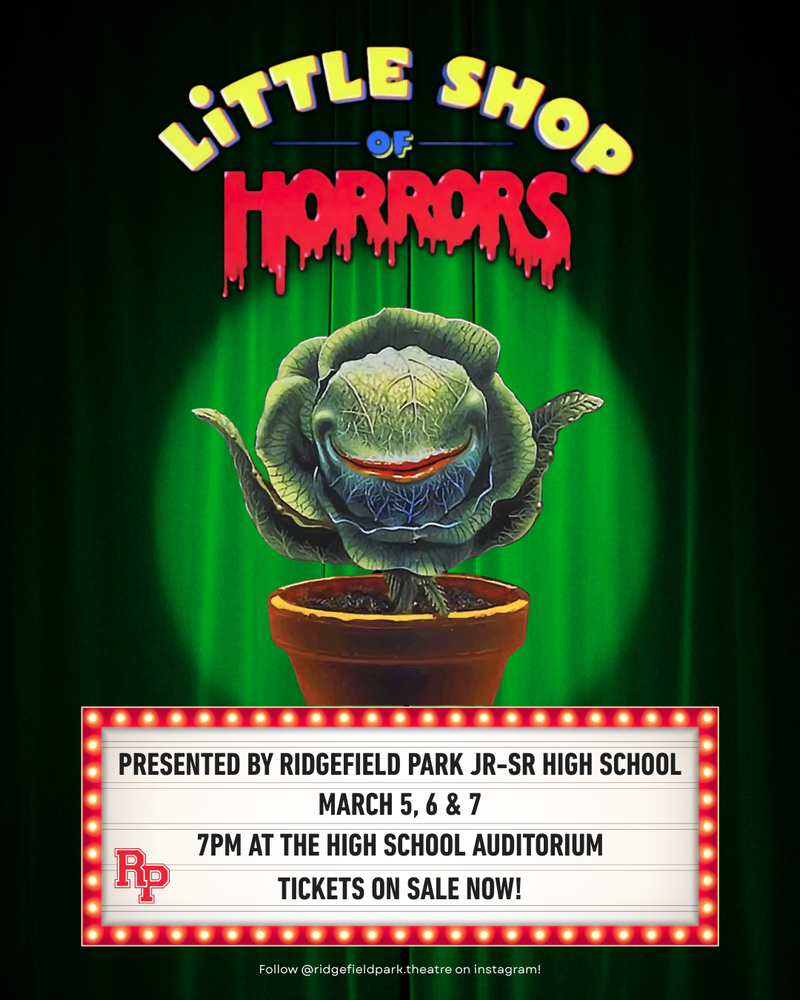 Audrey II Plant in front of Green Curtain with Little Shop of Horrors Logo and bulleting board listing play dates from caption