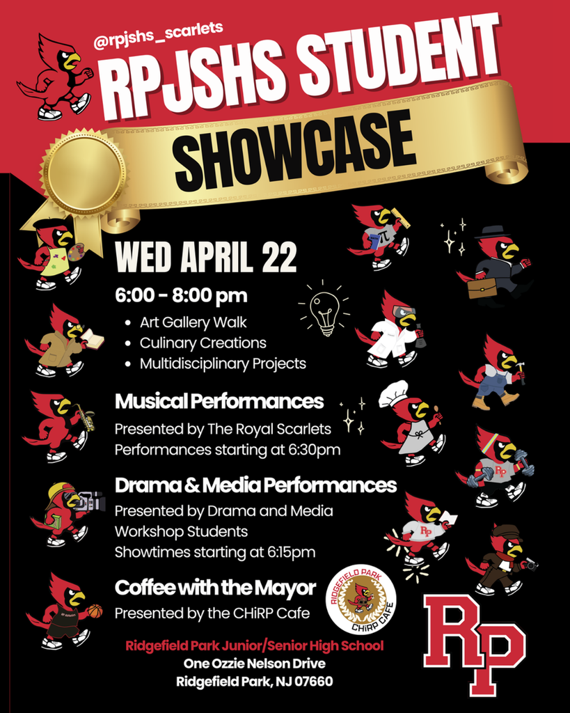 RPJSHS Student Showcase April 22 6PM-8PM with photos of various scarlet birds
