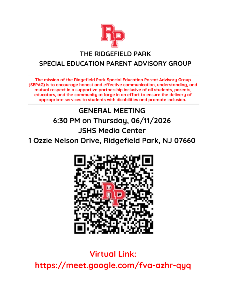 SEPAG meets on Thursday, June 11 at 6:30 PM in the JSHS Media Center (1 Ozzie Nelson Drive) for their final meeting of the school year. Can't make it in person? Join virtually: https://meet.google.com/fva-azhr-qyq