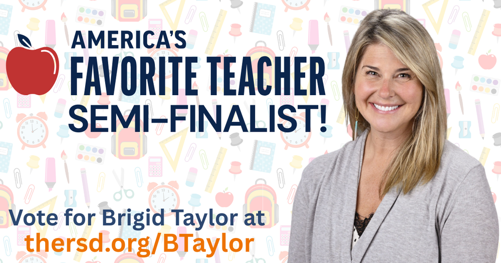 A Photo of Brigid Taylor with the America's Favorite Teacher logo
