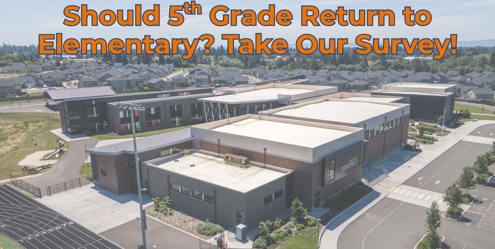 Aerial photo of the Sunset Ridge/View Ridge Campus with text that says "Should 5th grade return to elementary? Take our survey!"