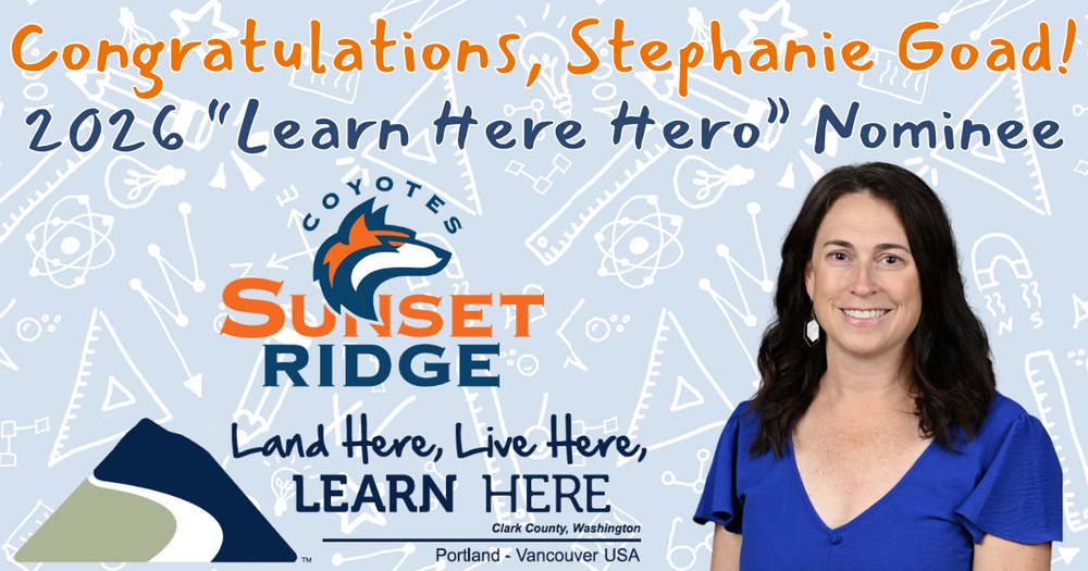 An image of stephanie goad with the Sunset Ridge Coyotes logo and the words 2026 Learn Here Hero Nominee