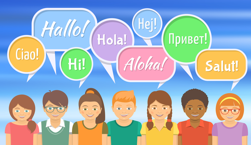 A graphic showing 7 school children all saying hello in different languages