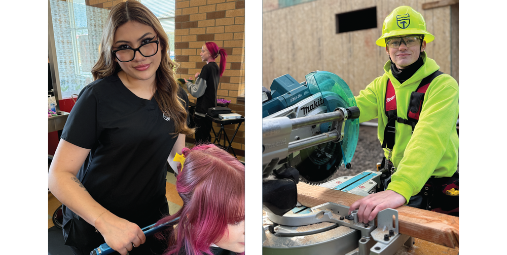 Nadia Hernandez-Mack using a straightening iron on a girl's hair and Connor Rapp using a saw