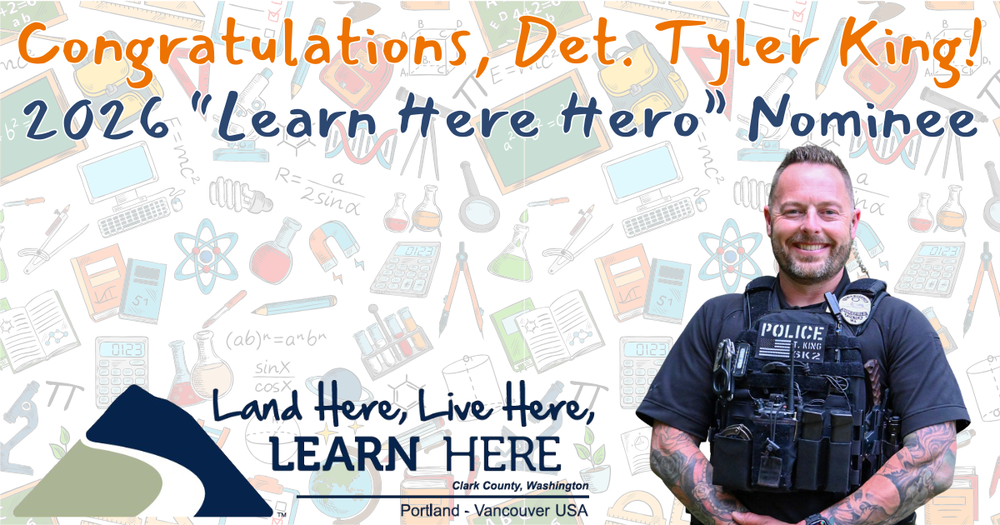 An image of Detective Tyler King in his police uniform with the words 2026 Learn Here Here Nominee