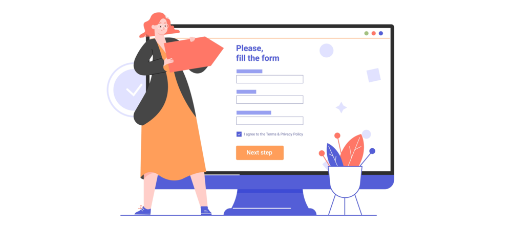 An illustration of a woman standing in front of a computer with a registration form on the screen