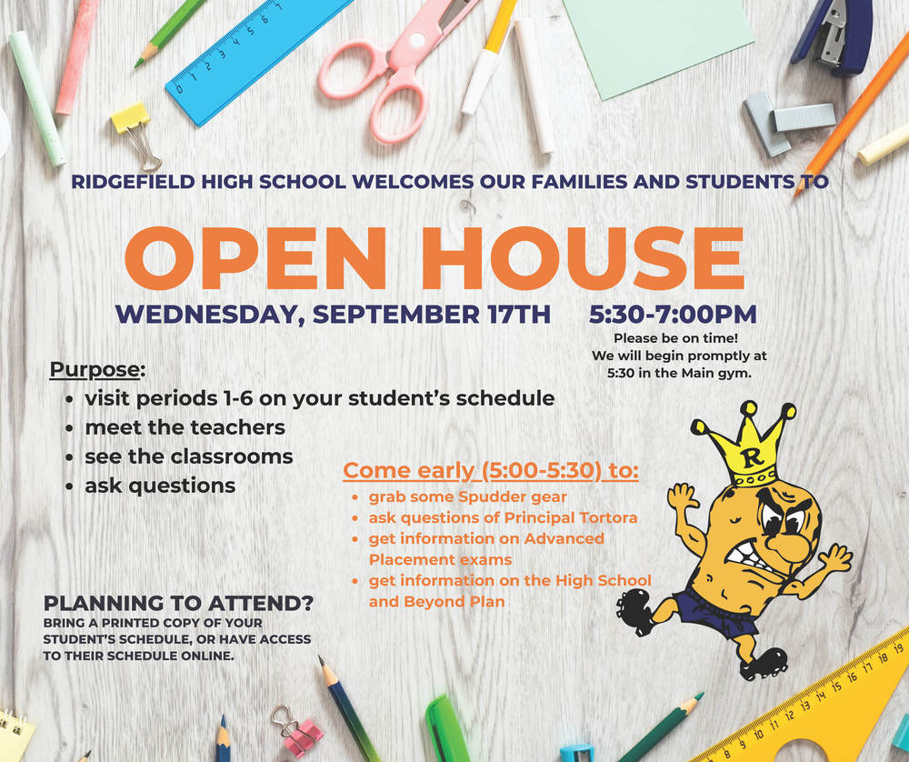 Image with school supplies and text for the RHS Open House on Wednesday, Sept. 17