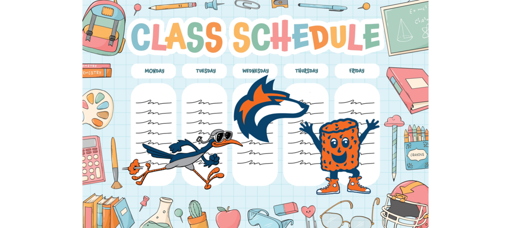 a graphic image showing a weekly elementary school schedule bordered by school supplies, with the Roadrunner, Coyote, and Tater Tot school mascots 