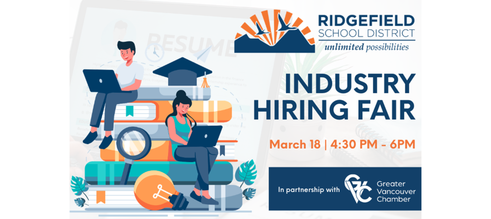 An illustration of people using laptops while sitting on a pile of books with the words "Industry Hiring Fair March 18, 4:30 to 6 p.m."