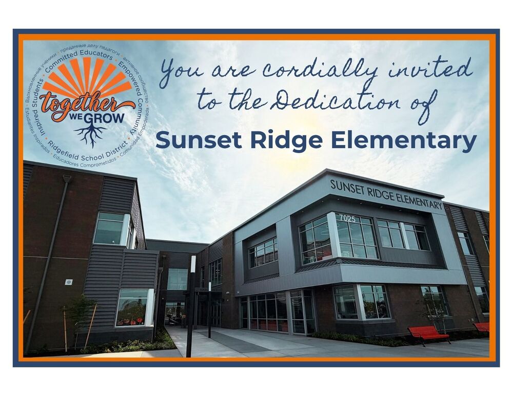 an image of Sunset Ridge Elementary School with text overlaid that reads "You are cordially invited to the Dedication of Sunset Ridge Elementary"