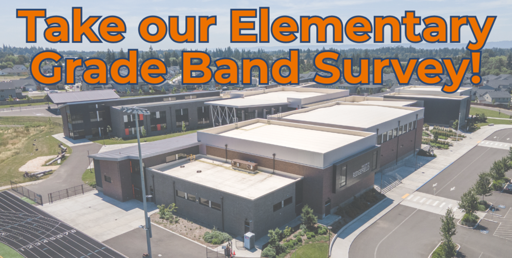 Aerial photo of the Sunset Ridge/View Ridge Campus with text that says "Take our Elementary Grade band Survey"