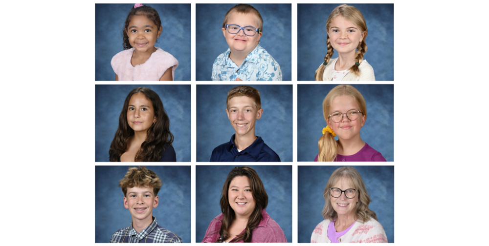A collage showing the school portraits of all of our students and employees of the month for April 2026